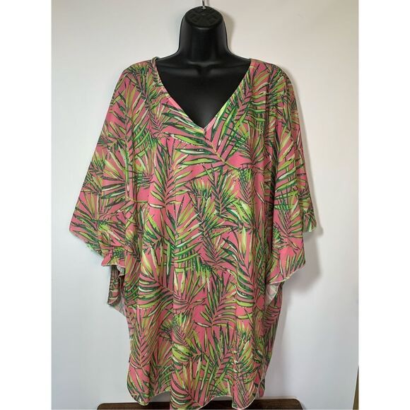 Top it Off Tropical Print V-Neck Batwing Sleeve Kaftan Swim Coverup Pink Green - Picture 1 of 7
